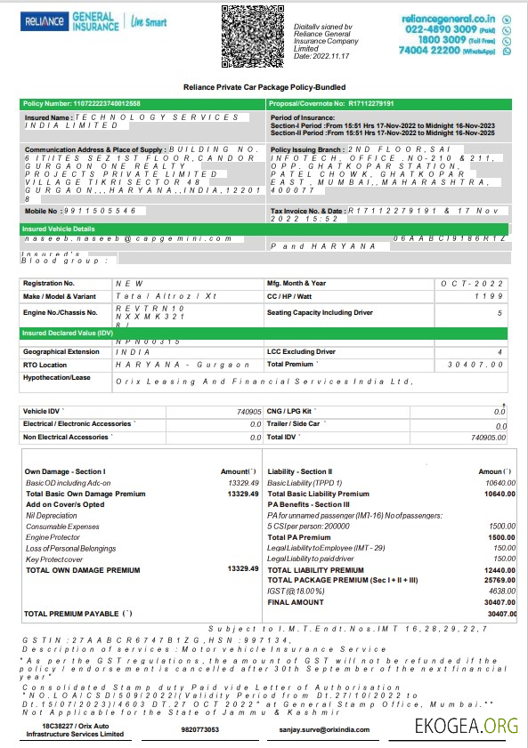 Modèle de relevé bancaire de licence India Reliance General Insurance Company Limited, format Word et PDF, 2 pages